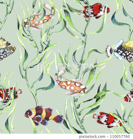 Watercolor different fishes in the seaweeds. Underwater life. Green background Watercolor different fishes in the seaweeds. Underwater life. Green background 110057760