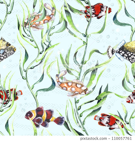 Watercolor different fishes in the seaweeds. Underwater life. Blue background Watercolor different fishes in the seaweeds. Underwater life. Blue background 110057761
