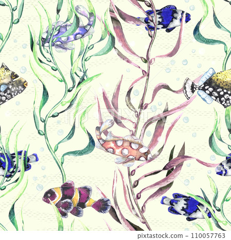 Watercolor different fishes in the seaweeds. Underwater life. Yellow background Watercolor different fishes in the seaweeds. Underwater life. Yellow background 110057763