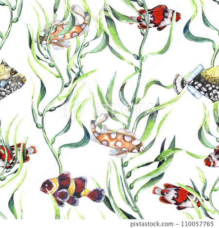 Watercolor different fishes in the seaweeds. Underwater life. White background 110057765