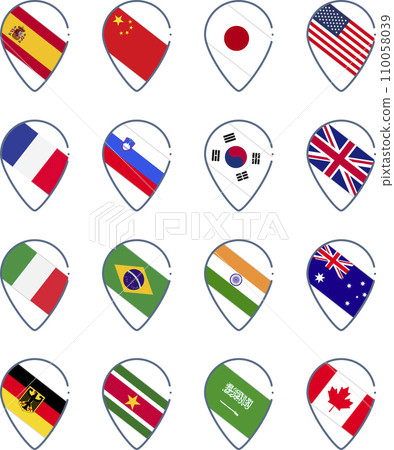 Set of icons of world flags in the form of a map sign. Spain, France, Italy, Russia, Germany, USA, Canada, India, Saudi Arabia, India, Japan and Korea 110058039