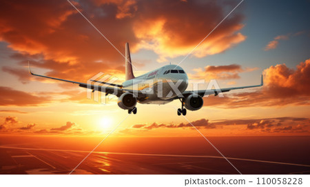 Passenger plane. Plane is going up. Nice weather sunset in the background 110058228