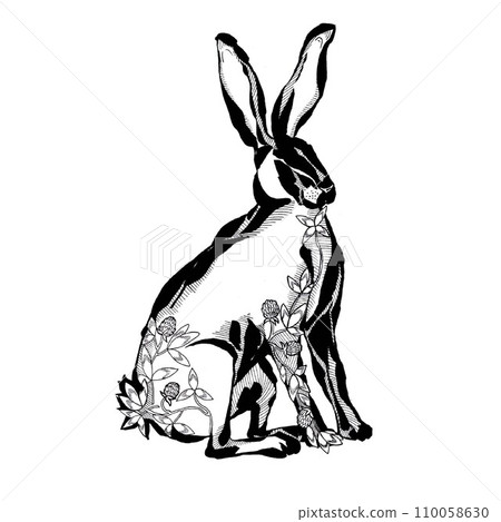 Hand drawn hare with flowers in the body. Retro realistic animal isolated. Vintage style. Doodle line graphic design. Hand drawn hare with flowers in the body. Retro realistic animal isolated. Vintage style. Doodle line graphic design. 110058630