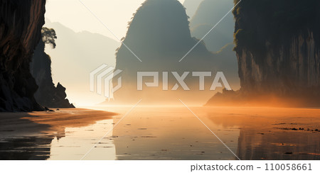 predawn fog in a tropical river with beautiful karst limestone cliffs 110058661