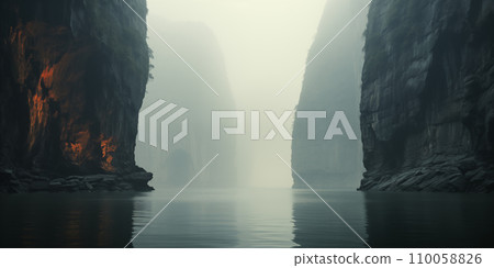 tropical coast with rocky cliffs in morning fog 110058826