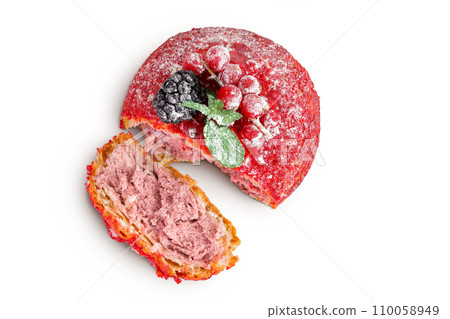 Cake shu eclairs with berries and red crumble isolated on white background. Top view. Flat lay Cake shu eclairs with berries and red crumble isolated on white background. Top view. Flat lay 110058949