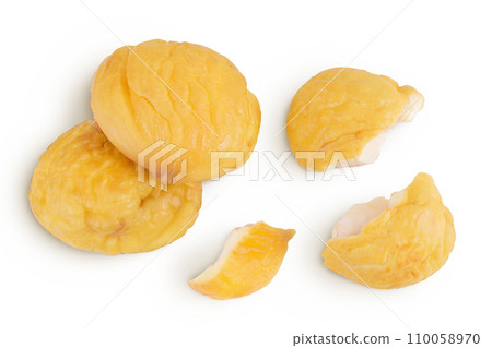 roasted peeled chestnut isolated on white background wit full depth of field. Top view. Flat lay roasted peeled chestnut isolated on white background wit full depth of field. Top view. Flat lay 110058970