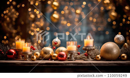 Christmas lights, candles on fireplace, decorative wreath in front of Christmas trees on bokeh and warm brown background 110059249