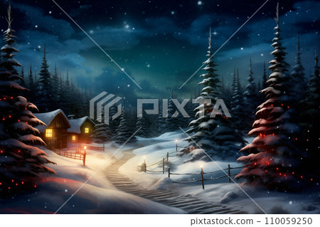 Enchanting winter night scene with snow-covered trees in a serene forest. Christmas night at woods under the moonlight 110059250