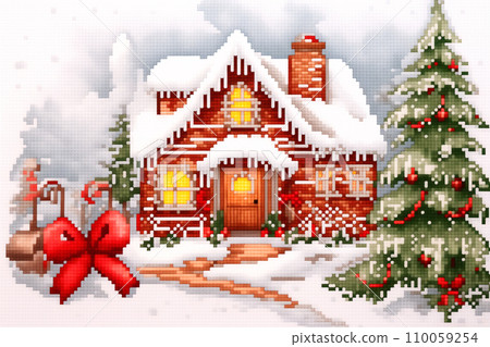 Cross stitch pattern of a Santa Claus house, in the style of pixelated landscapes. Embroidered snowy village Cross stitch pattern of a Santa Claus house, in the style of pixelated landscapes. Embroidered snowy village 110059254