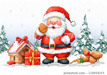 Cross stitch pattern of Santa Claus holding his presents, in the style of pixelated. Embroidered deer and snowy village 110059255