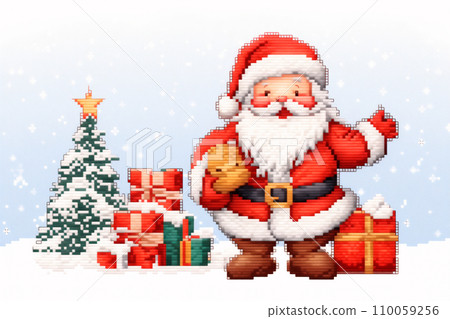Cross stitch pattern of Santa Claus holding his presents, in the style of pixelated. Embroidered deer and snowy village Cross stitch pattern of Santa Claus holding his presents, in the style of pixelated. Embroidered deer and snowy village 110059256