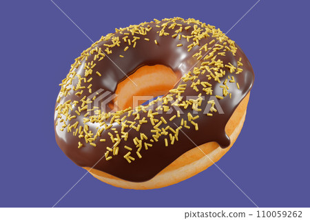Chocolate glazed donut with sprinkles on a violet background 110059262