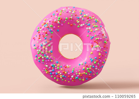 Chocolate glazed donut with sprinkles on a pink background 110059265