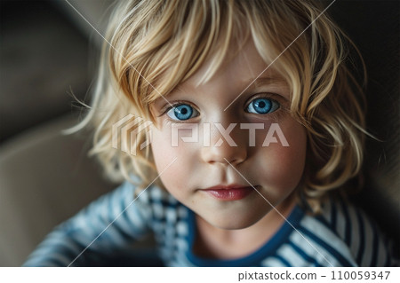 AI-generated content. portrait of a child with blond hair and bright blue eyes looking at the camera,  110059347