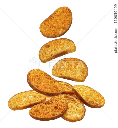 Spicy bruschetta crackers, round bread croutons isolated on white background Spicy bruschetta crackers, round bread croutons isolated on white background 110059409