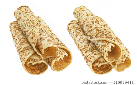 Crepes, thin pancake rolls isolated on white background with clipping path, full depth of field Crepes, thin pancake rolls isolated on white background with clipping path, full depth of field 110059411
