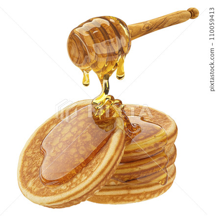 Stack of pancakes with dripping honey isolated on white background with clipping path, full depth of field Stack of pancakes with dripping honey isolated on white background with clipping path, full depth of field 110059413