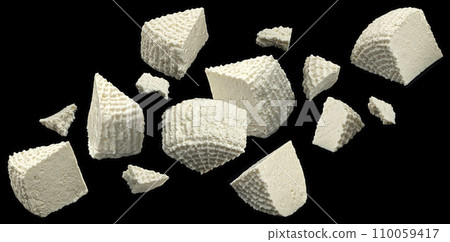 Falling ricotta slices, homemade organic white cottage cheese on black background Falling ricotta slices, homemade organic white cottage cheese on black background 110059417