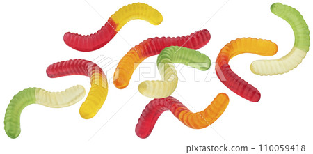 Gummy worm candies isolated on white background, full depth of field Gummy worm candies isolated on white background, full depth of field 110059418