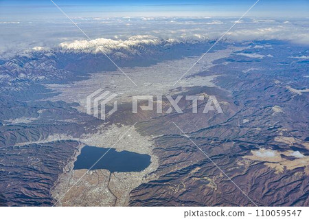 Winter scenery Aerial shot around Lake Suwa, Nagano Prefecture 110059547