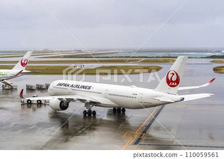 Rainy airport, passenger plane and towing tractor, Naha City, Okinawa Prefecture 110059561
