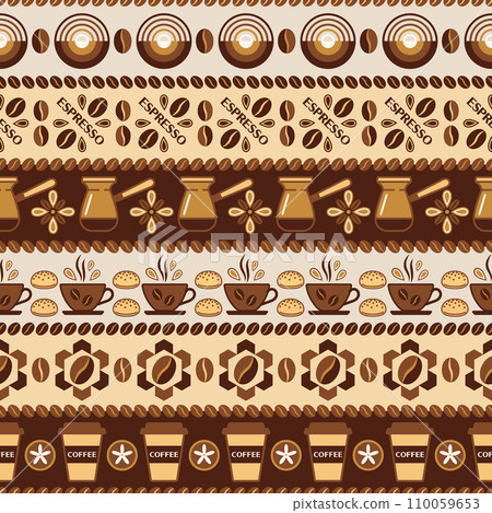 Seamless pattern with icons of coffee cup, ibrik, beans, geometric shapes. Horizontal striped background. Good for branding, decoration of coffee package, decorative print. Simple flat style 110059653
