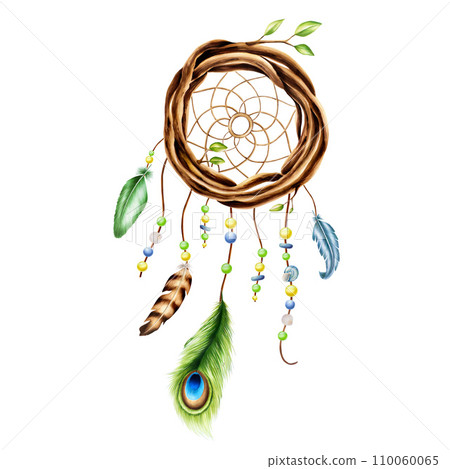 Marker illustration of ethnic wooden wicker wreath dreamcatcher of twigs with spring leaves, beads on a rope with peacock feather in watercolor style. Hand painted holder isolated on white background 110060065