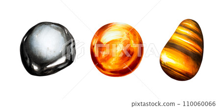 Watercolor hand drawn root and sacral, solar plexus chakras gemstone illustrations. Hematit, orange calcite and carnelian, Tiger's Eye healing talisman and crystal onyx, isolated on white background 110060066