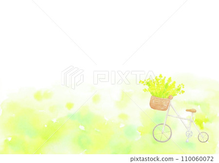 A beautiful spring-like frame of a bicycle with a bouquet of mimosa on it. Use watercolors. 110060072