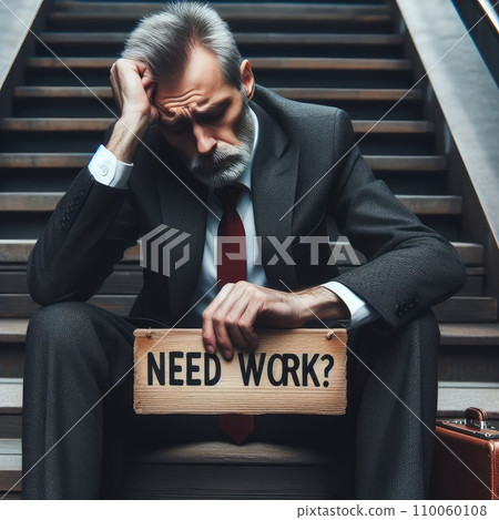 Man in suit sitting at stairs with sign. Unemployed man looking for job Man in suit sitting at stairs with sign. Unemployed man looking for job 110060108