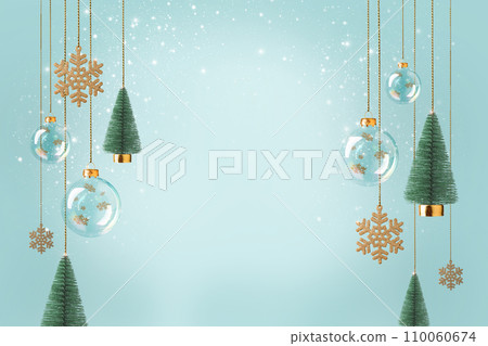 Abstract Christmas background with hanging trees, transparent balls, pastel background Christmas pastel blue background for winter holidays and cosmetics. 110060674