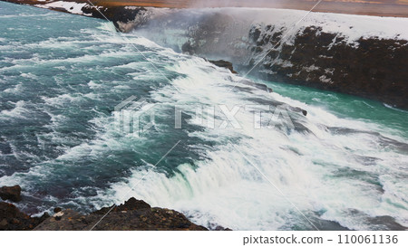 Beautiful water stream iceland nature with snowy fields and mountains, gullfoss waterfall in reykjavik. Majestic river flow in wilderness with scandinavian landscapes and cliffs, spectacular scenery. Beautiful water stream iceland nature with snowy fields and mountains, gullfoss waterfall in reykjavik. Majestic river flow in wilderness with scandinavian landscapes and cliffs, spectacular scenery. 110061136