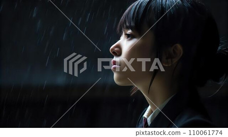A woman crying in the heavy rain (crying, sad, painful) 110061774