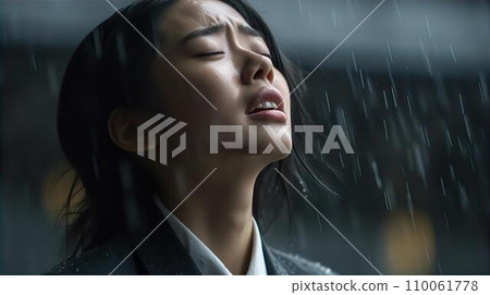 一個女人在大雨中哭泣（哭泣，悲傷，痛苦） 110061778