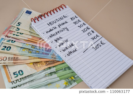 Euro cash money with notebook handwritten housing expenses. Counting bills for electricity, gas, water. Concept of Efficient Consumption and Economy 110063177