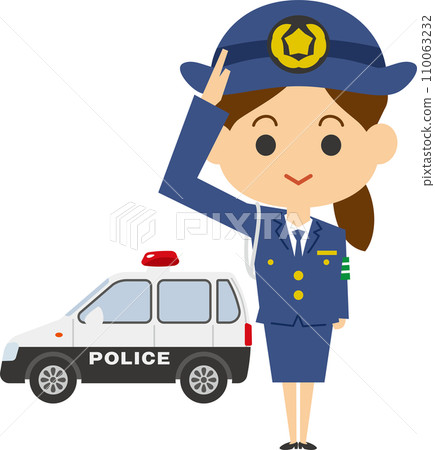 敬禮的女警官和迷你警車的圖像插圖 110063232