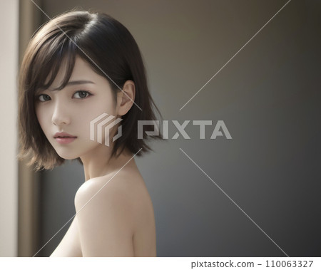 Portrait of a Japanese woman with short bob black hair (AI generated image) 110063327