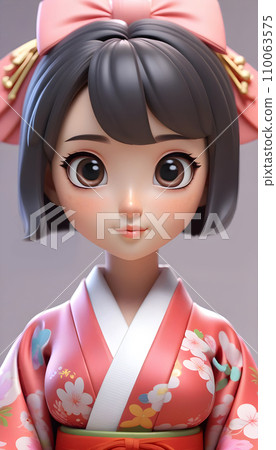 手绘卡通可爱的身穿和服的日本女孩插画 110063575