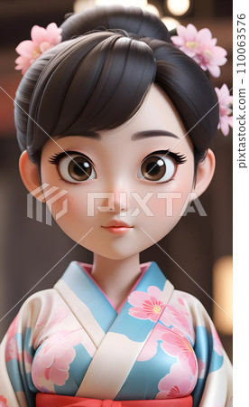 手绘卡通可爱的身穿和服的日本女孩插画 110063576