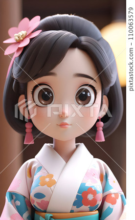 手绘卡通可爱的身穿和服的日本女孩插画 110063579