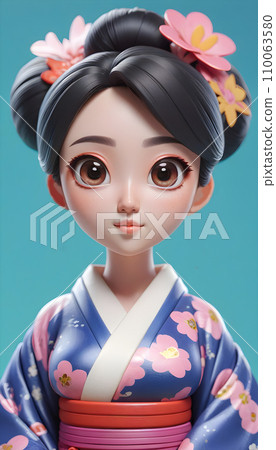 手绘卡通可爱的身穿和服的日本女孩插画 110063580