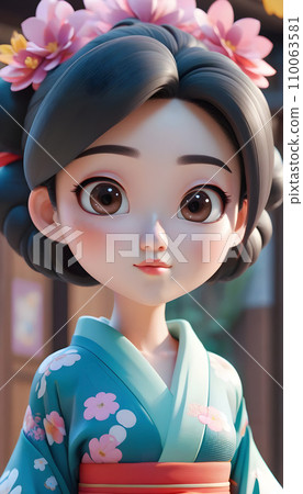 手绘卡通可爱的身穿和服的日本女孩插画 110063581