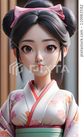 手绘卡通可爱的身穿和服的日本女孩插画 110063582