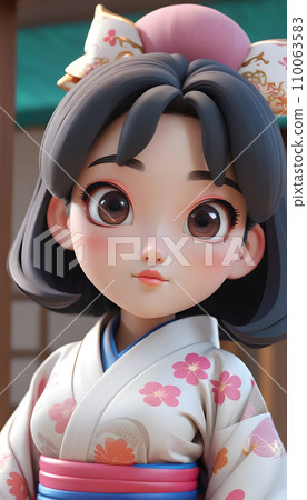 手绘卡通可爱的身穿和服的日本女孩插画 110063583