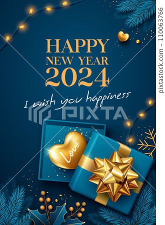 Happy new year 2024, Golden heart in an open blue gift box gold ribbon, berry and blue pine leaf, yellow decorative blub lights poster flyer design Happy new year 2024, Golden heart in an open blue gift box gold ribbon, berry and blue pine leaf, yellow decorative blub lights poster flyer design 110063766