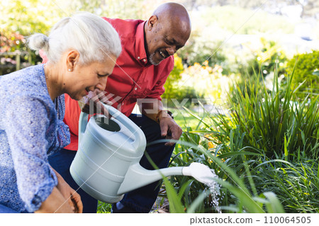 Diverse senior couple gardening in sunny garden 110064505