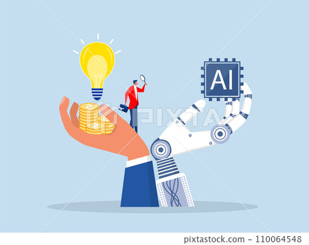 Businessman invest with lightbulb idea to AI Artificial Intelligence. or processing chip,partner Machine future cooperation for development innovation concept flat vector illustration Businessman invest with lightbulb idea to AI Artificial Intelligence. or processing chip,partner Machine future cooperation for development innovation concept flat vector illustration 110064548