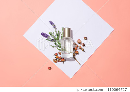 A transparent perfume bottle is placed next to lavender flowers and dried rose buds on a pink and white background. Fragrance from natural flower essential oils. 110064727