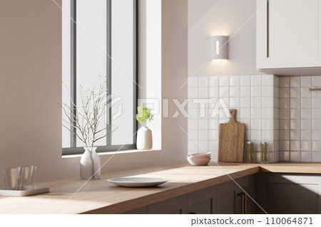 A bright beige-toned kitchen interior with sunlight coming through the window. 110064871